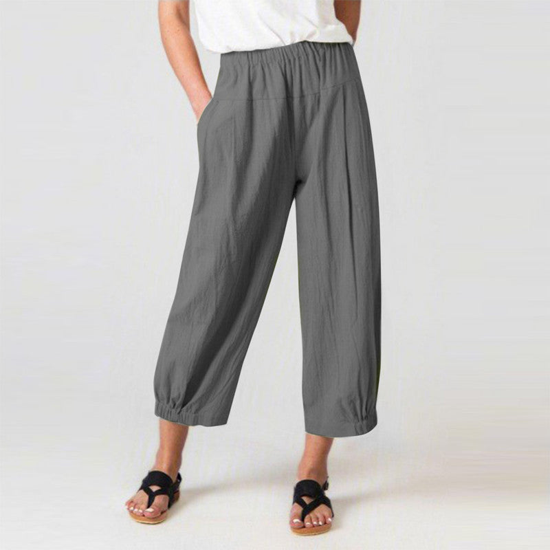 Women Casual Loose High Waist Cotton Linen Cropped Pants