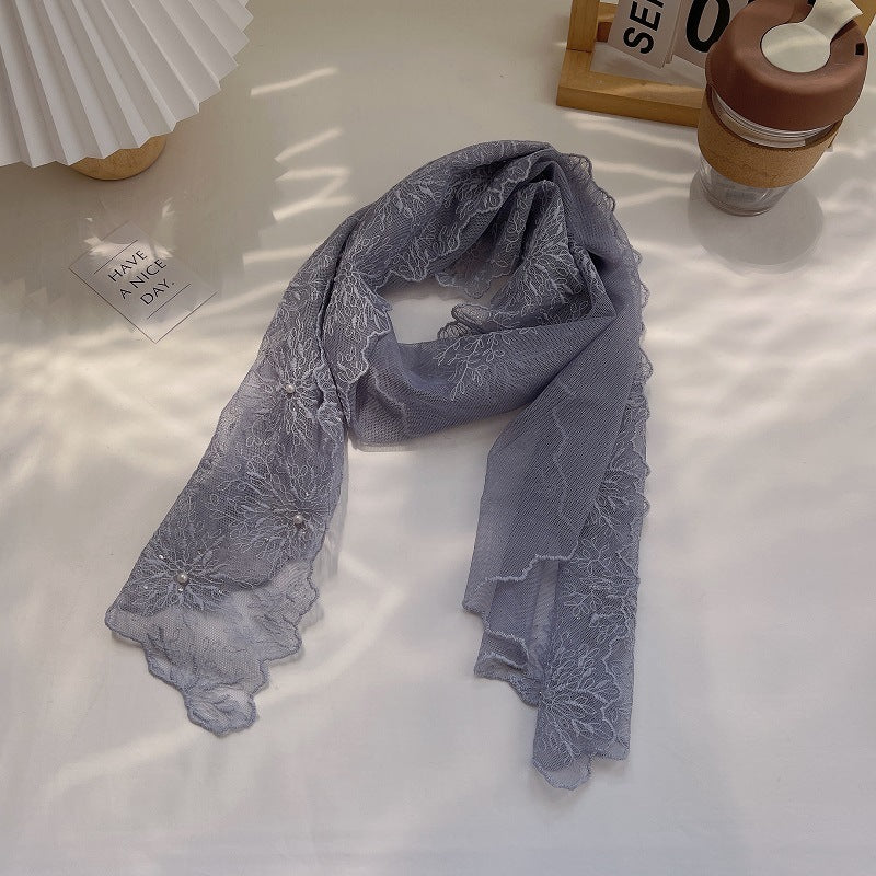 Bufanda de seda floral con encaje de moda de verano para mujer