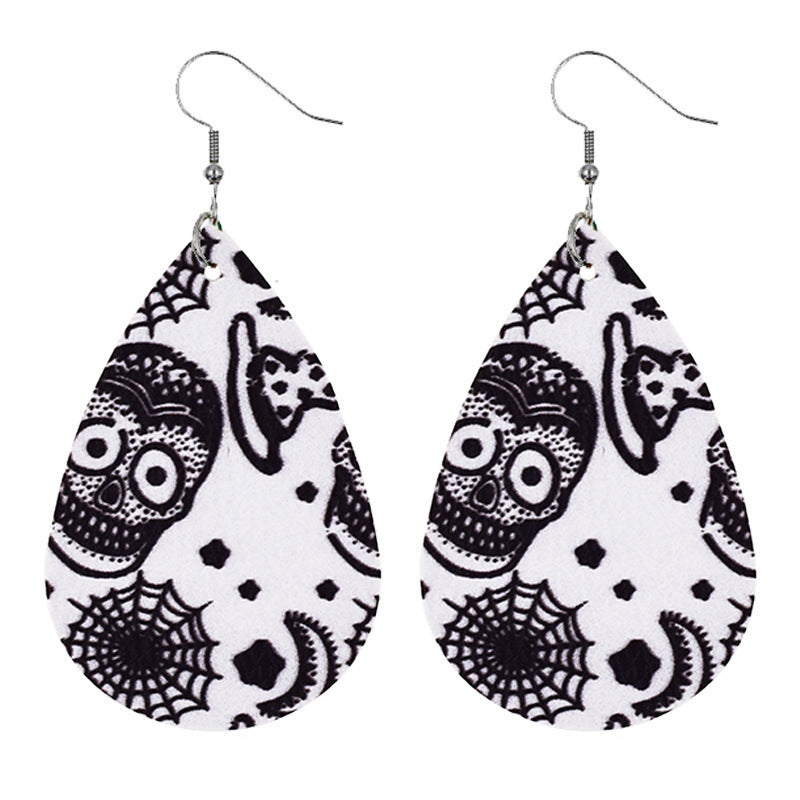 Halloween Women Fashion Leather Pumpkin Skull Earrings