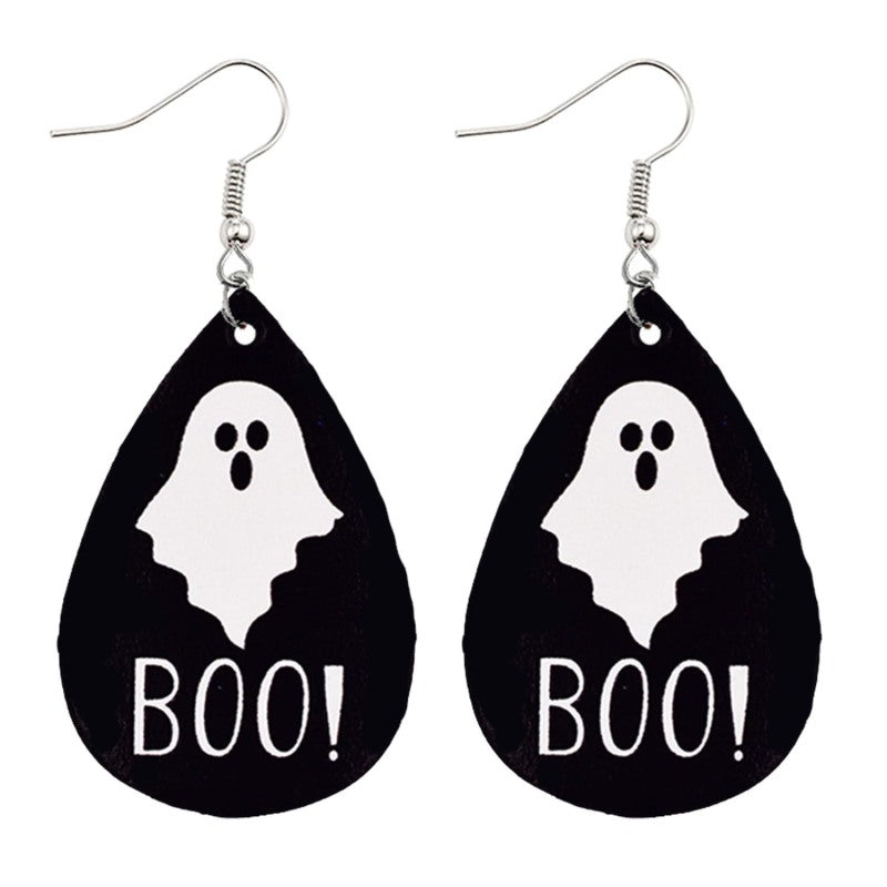 Halloween Women Horror Funny Pumpkin Ghost Bat PU Earrings
