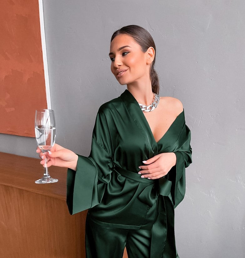 Women Solid Satin Long Sleeve Loose Lace-Up Pajamas Two Piece Set