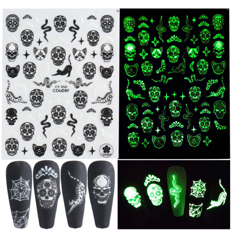 Halloween Nail Stickers Funny Skeleton Little Monster 3D Luminous