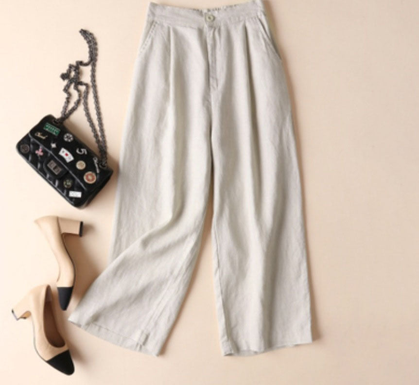 Women Fashion Casual Solid Color Linen Loose Cropped Pants