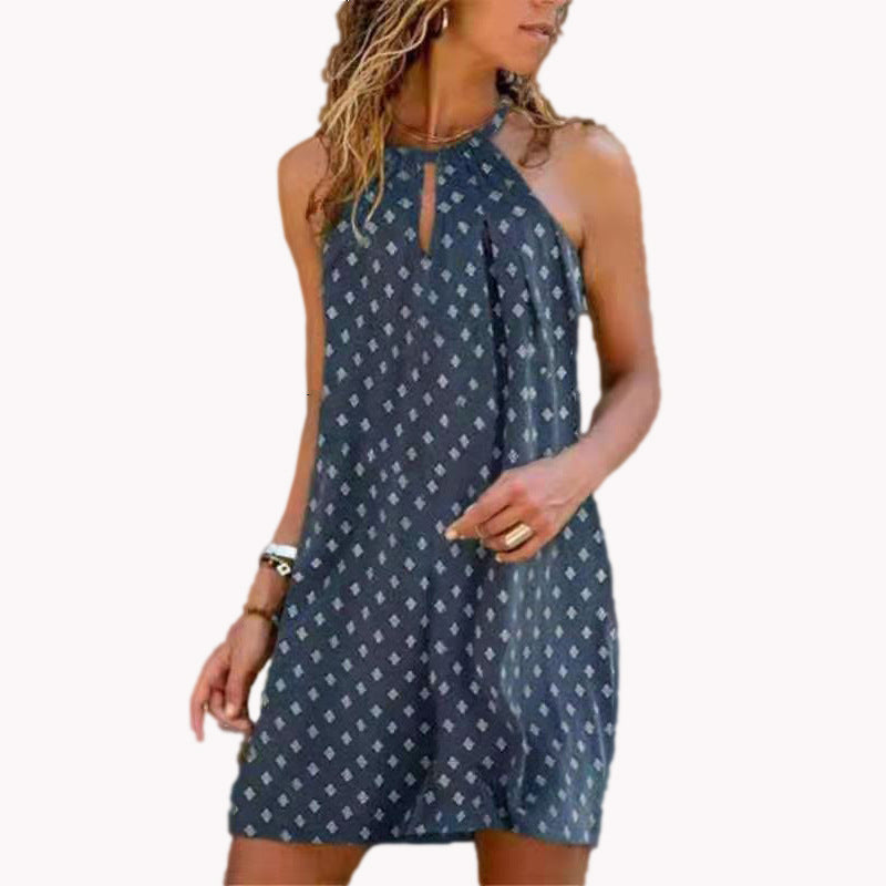 Vestido informal bohemio con estampado floral y cuello halter calado para mujer, talla grande
