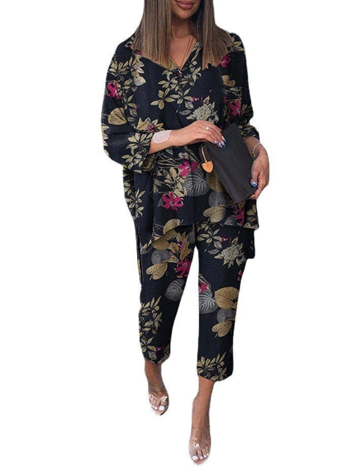Plus Size Women Cotton Linen Print Two Pieces Set