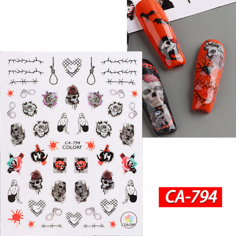 Autocollants adhésifs pour ongles Motif tête de mort et sorcière rouge pour Halloween