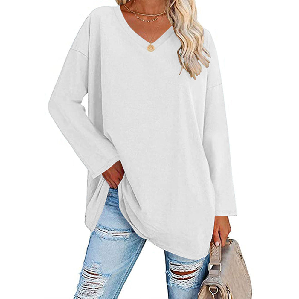 Women Casual Solid Color V-Neck Long Sleeve Blank T-Shirt