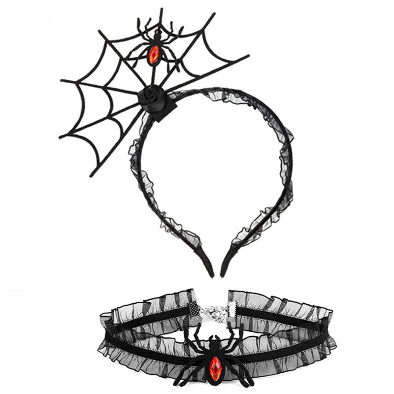 Ensemble de bijoux ras du cou en dentelle avec bandeau en toile d'araignée noire pour femme, idéal pour Halloween