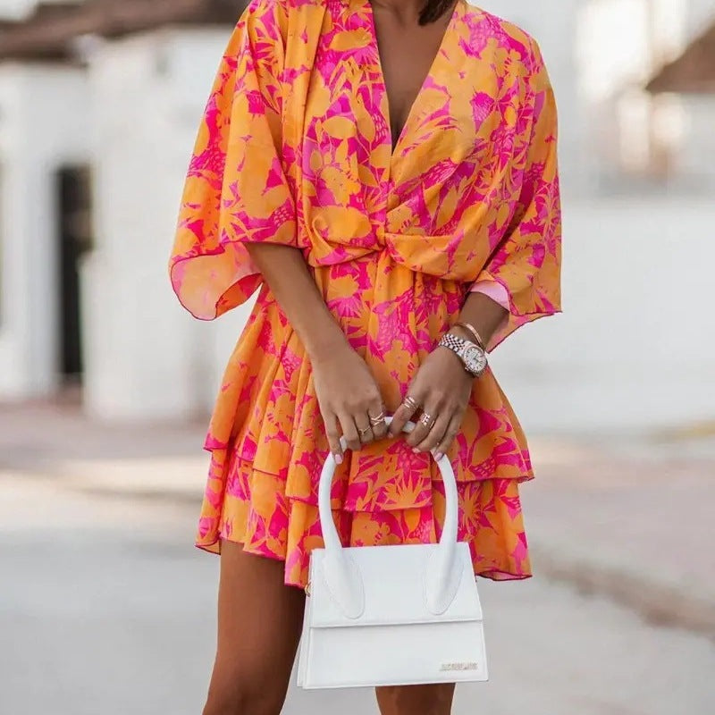 Vestido informal bohemio con cuello en V y mangas dolman para mujer
