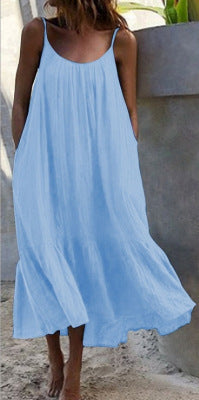 Vestido lencero holgado con volantes de color liso, estilo bohemio e informal para mujer