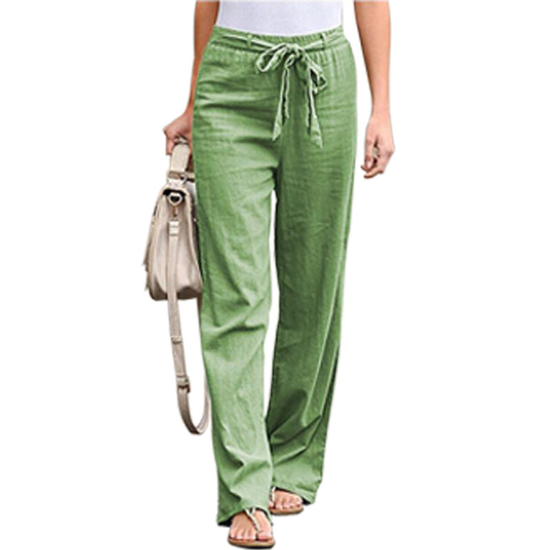 Women Solid Color Linen High Waist Lace Up Wide Leg Pants