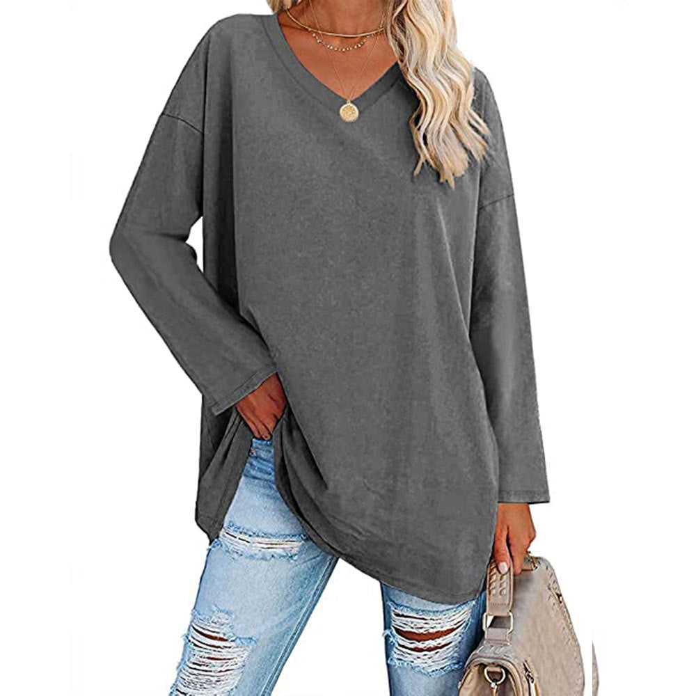 Women Casual Solid Color V-Neck Long Sleeve Blank T-Shirt