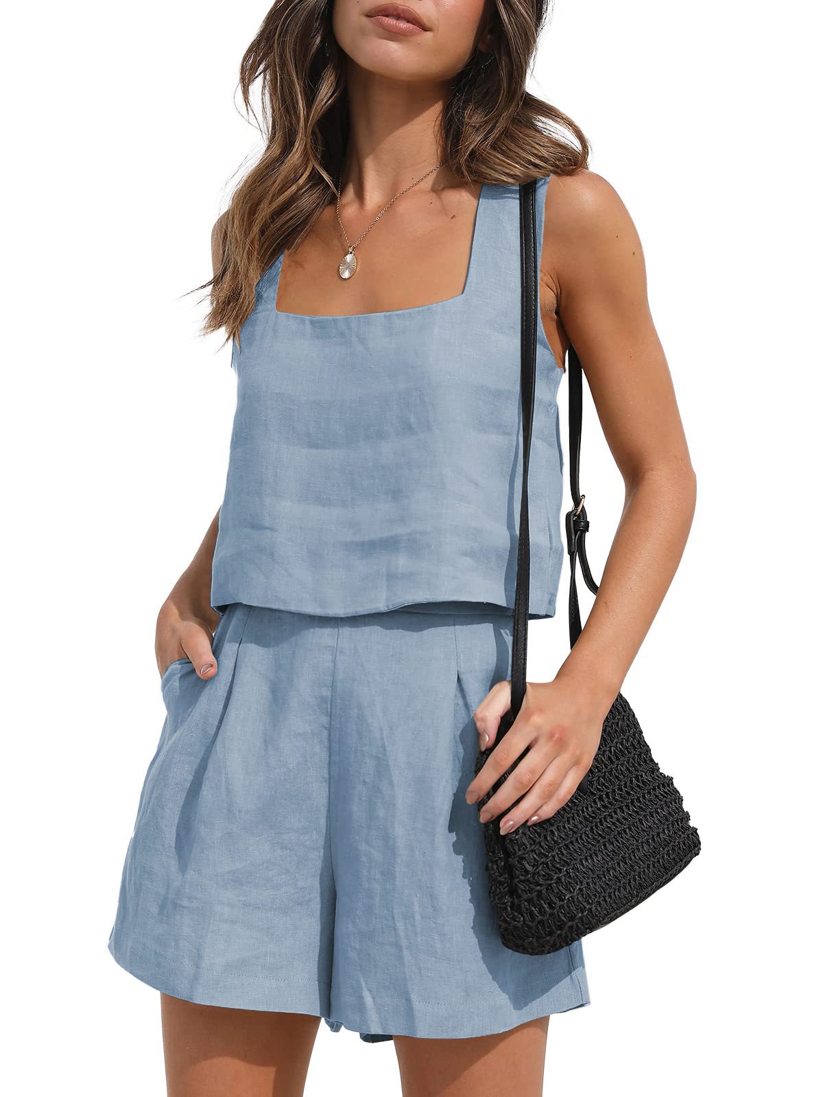 Conjunto de camiseta sin mangas y pantalones cortos de lino liso informal de verano para mujer