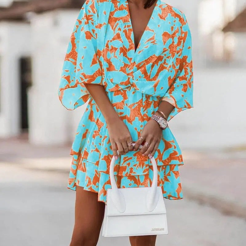 Vestido informal bohemio con cuello en V y mangas dolman para mujer