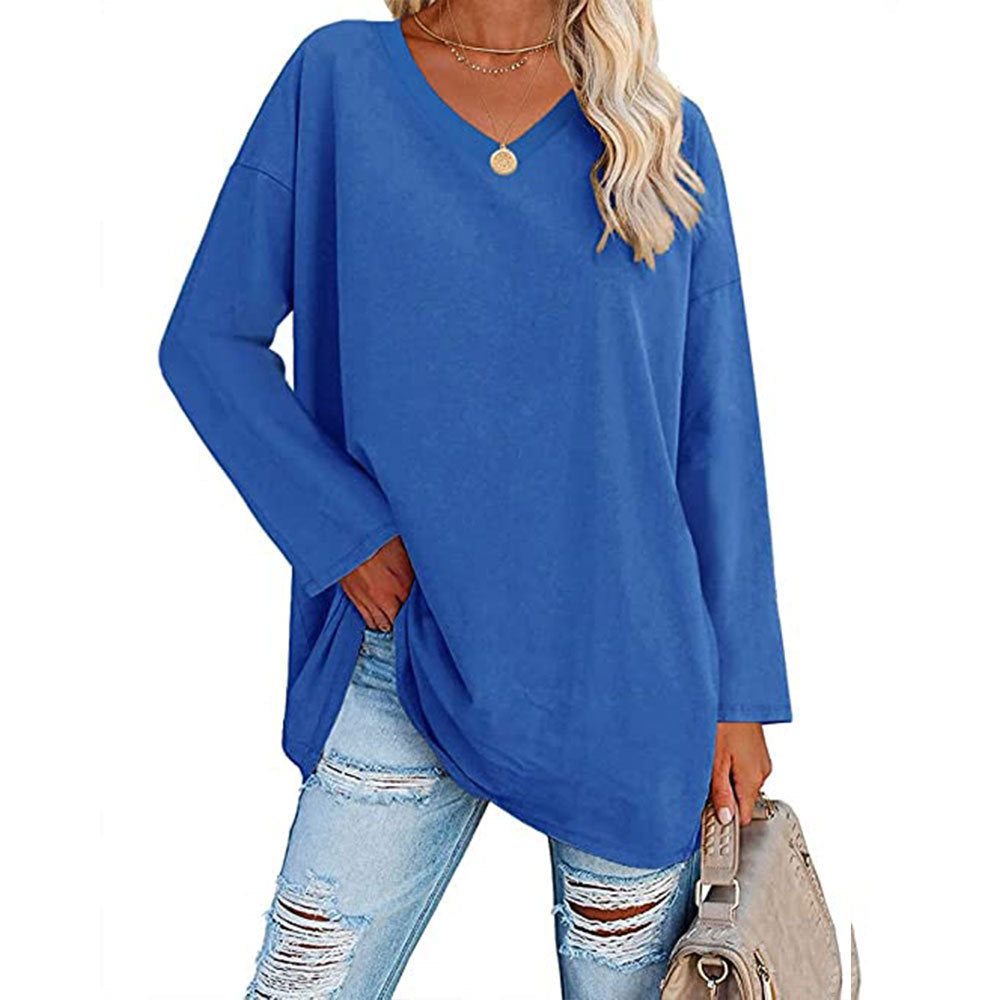 Women Casual Solid Color V-Neck Long Sleeve Blank T-Shirt