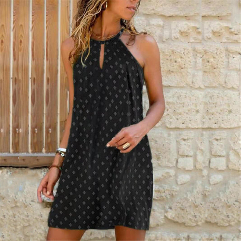 Vestido informal bohemio con estampado floral y cuello halter calado para mujer, talla grande