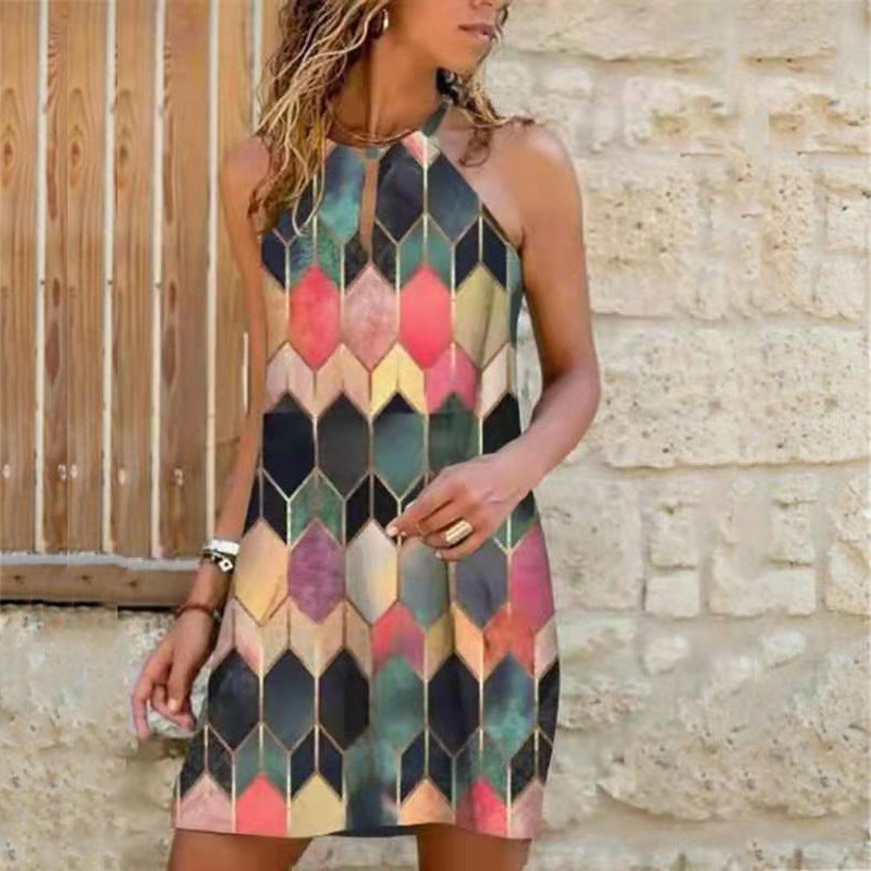Vestido informal bohemio con estampado floral y cuello halter calado para mujer, talla grande