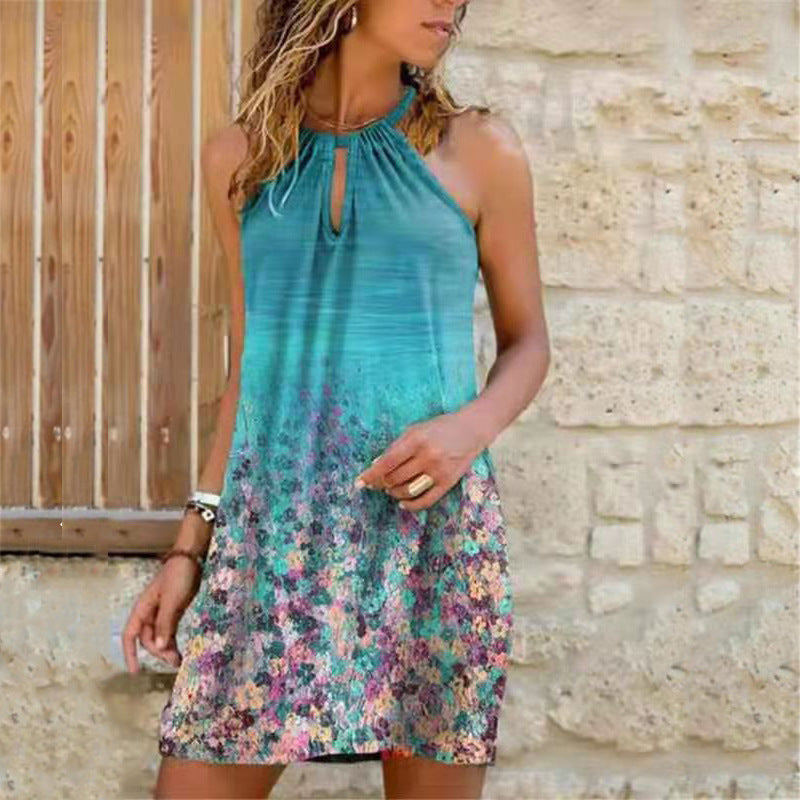 Vestido informal bohemio con estampado floral y cuello halter calado para mujer, talla grande