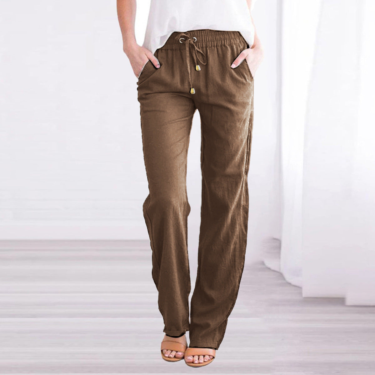 Women Casual Solid Color Cotton Linen Drawstring Pants