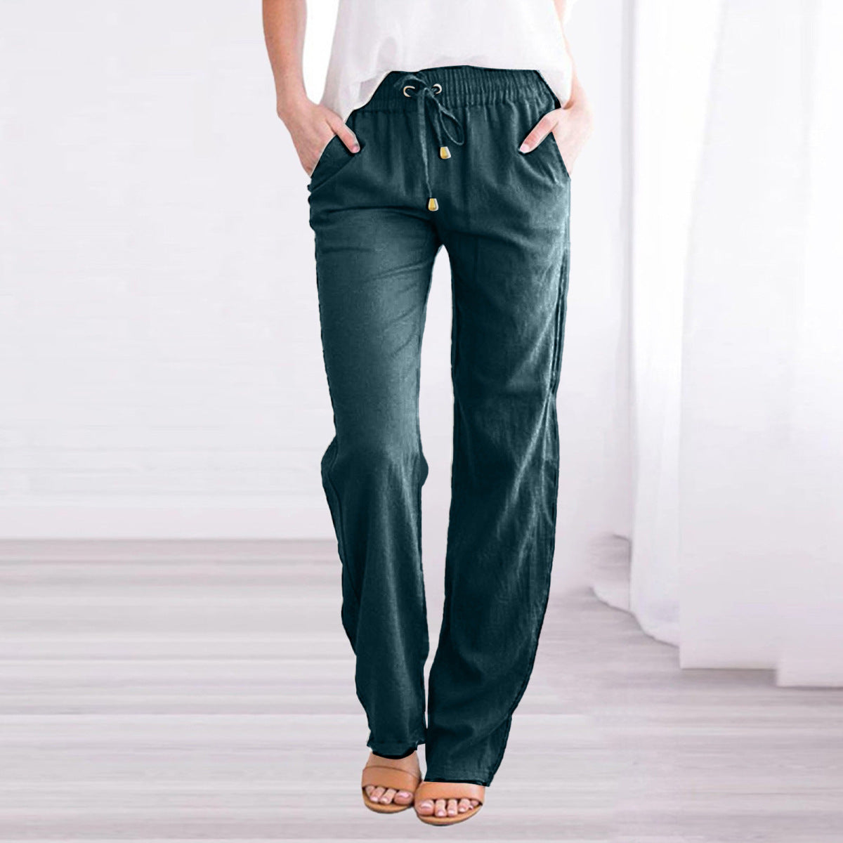 Women Casual Solid Color Cotton Linen Drawstring Pants