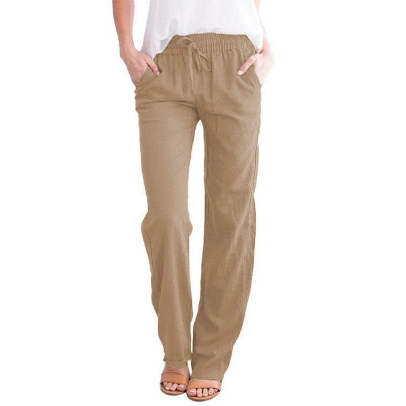 Women Casual Solid Color Cotton Linen Drawstring Pants