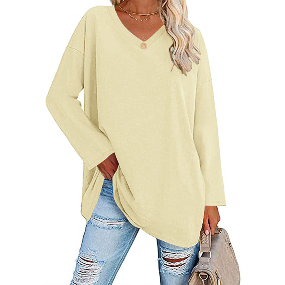 Women Casual Solid Color V-Neck Long Sleeve Blank T-Shirt