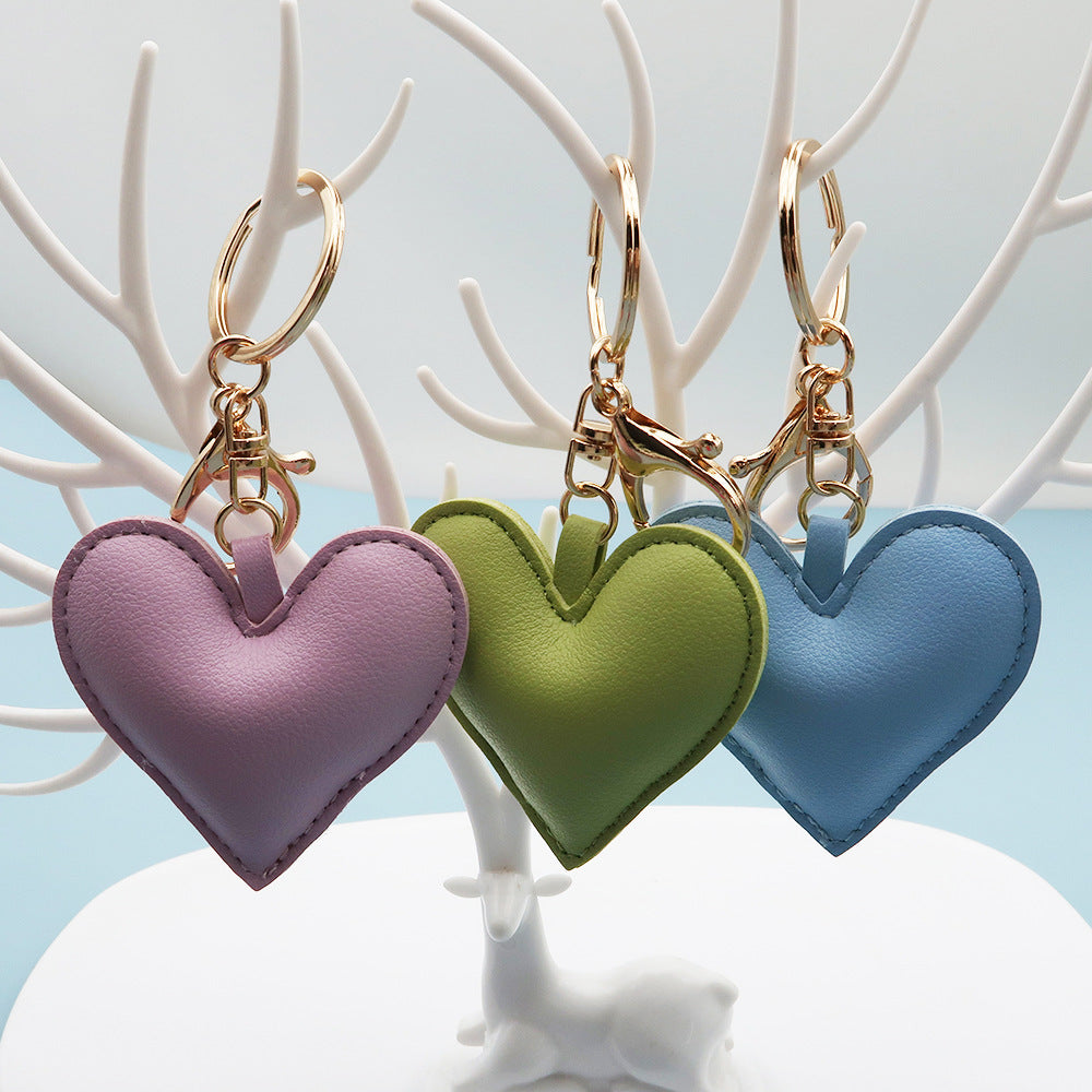 Women Fashion Creative Solid Color Leather Heart-Shaped Bag Pendant Keychain