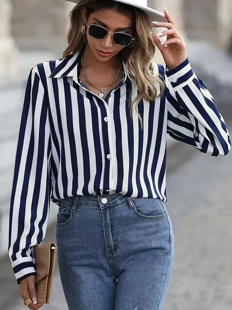 Blusa informal con solapa y estampado de rayas para mujer