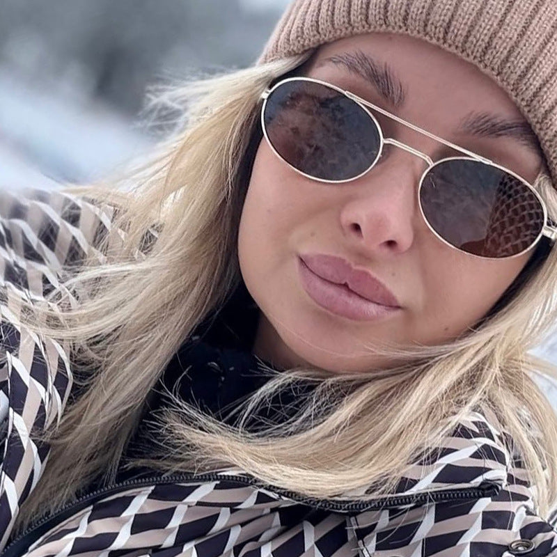 Fashion Personalized Small Frame Metal Double Beam Oval Sunglasses