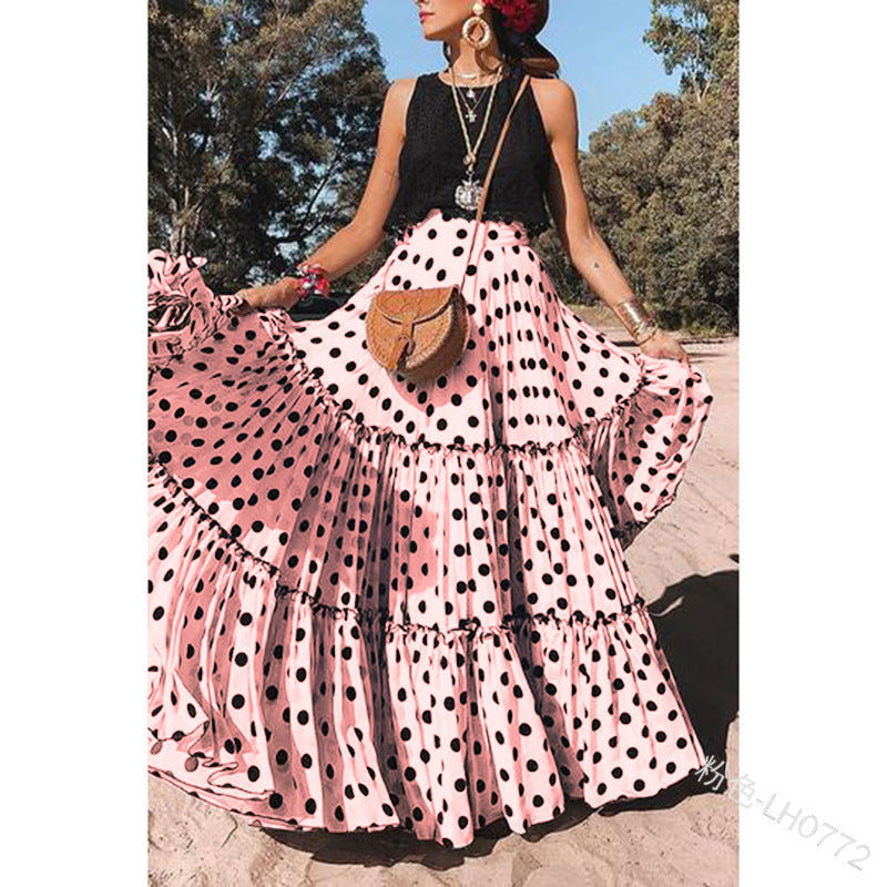 Women Casual Polka Dot Polyester Sleeveless Skirt