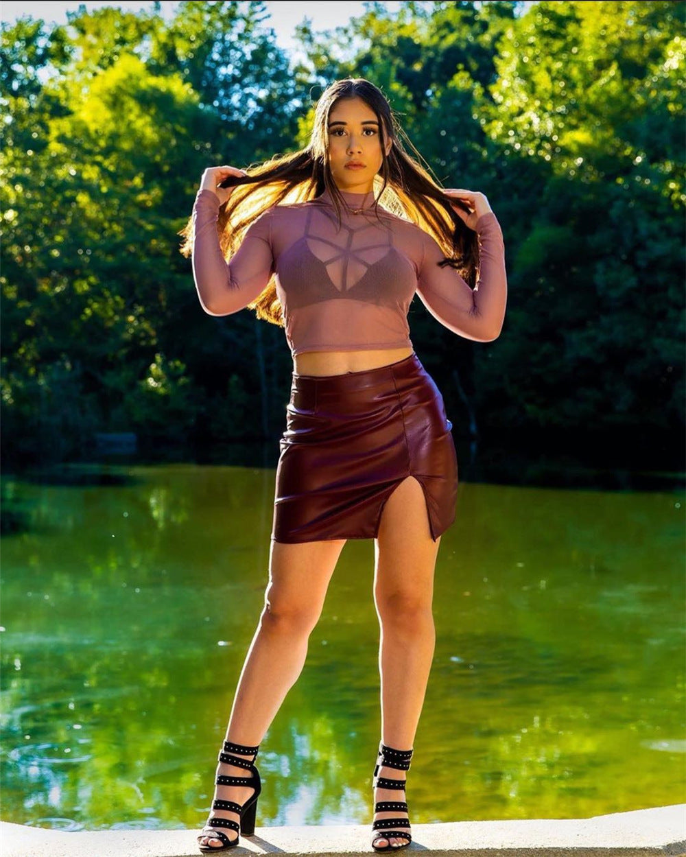Women Sexy Solid Color High Waist PU Skirt