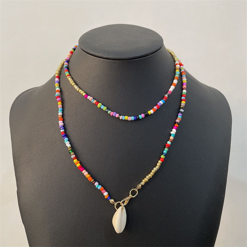 Collar bohemio de conchas de doble capa con mini cuentas multicolores