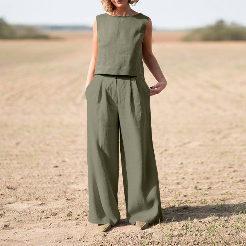 Conjunto informal vintage de algodón y lino para mujer