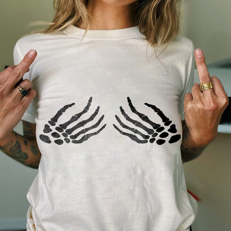 T-shirt imprimé main de crâne pour femme, mode Halloween