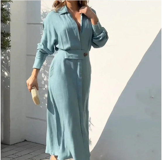 Women Fashion Elegant Solid Color Dress with Shirt Collar