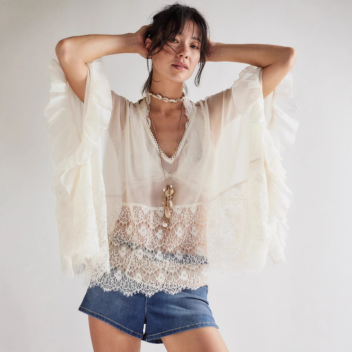 Women Fashion Sexy Mesh Lace Stitching Bat Sleeve Cover-Up