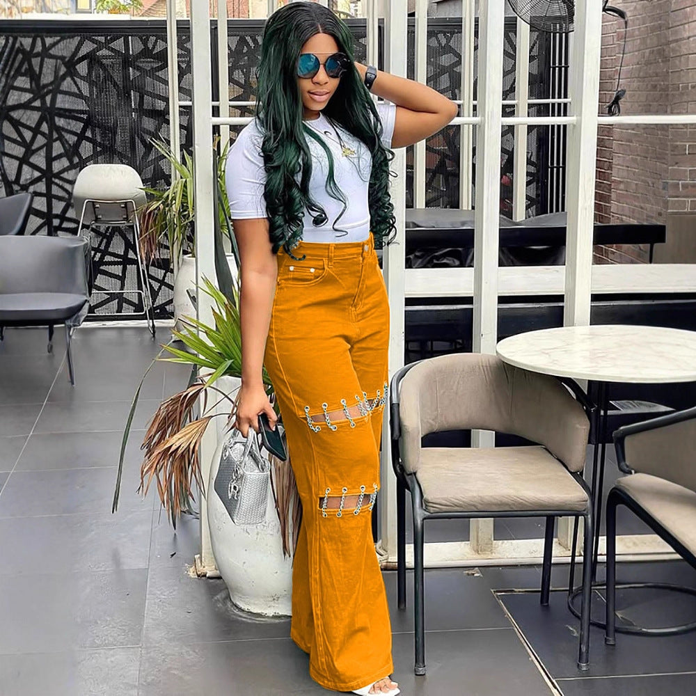 Women Fashion Chain High Waist Jeans