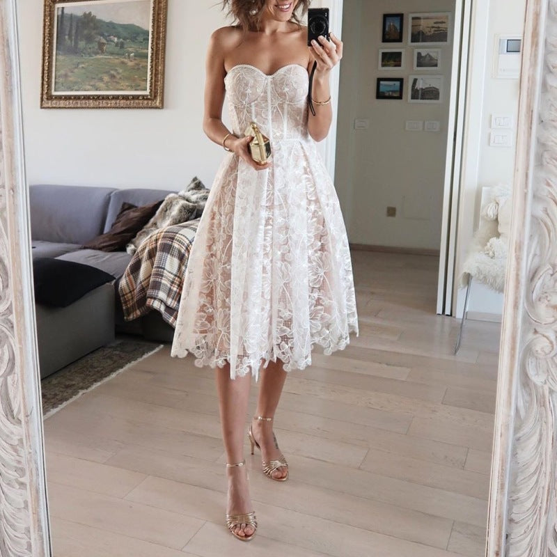 Robe de soirée mi-longue élégante en dentelle florale pour femme