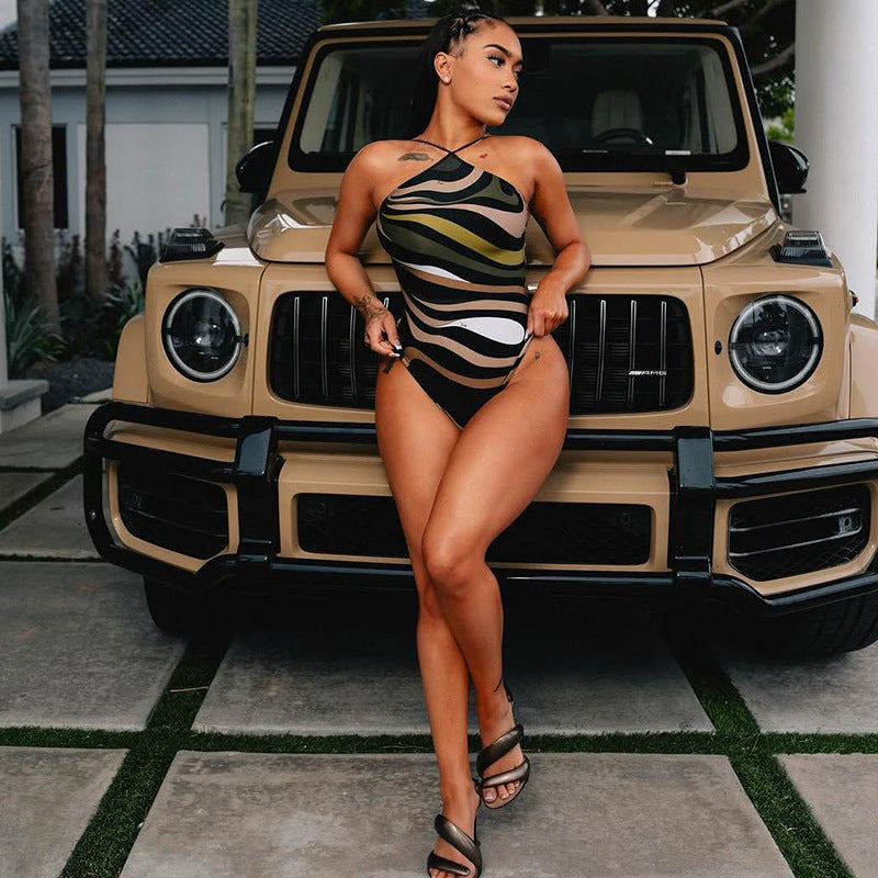 Maillot de bain dos nu sans manches à lacets et impression numérique pour femme