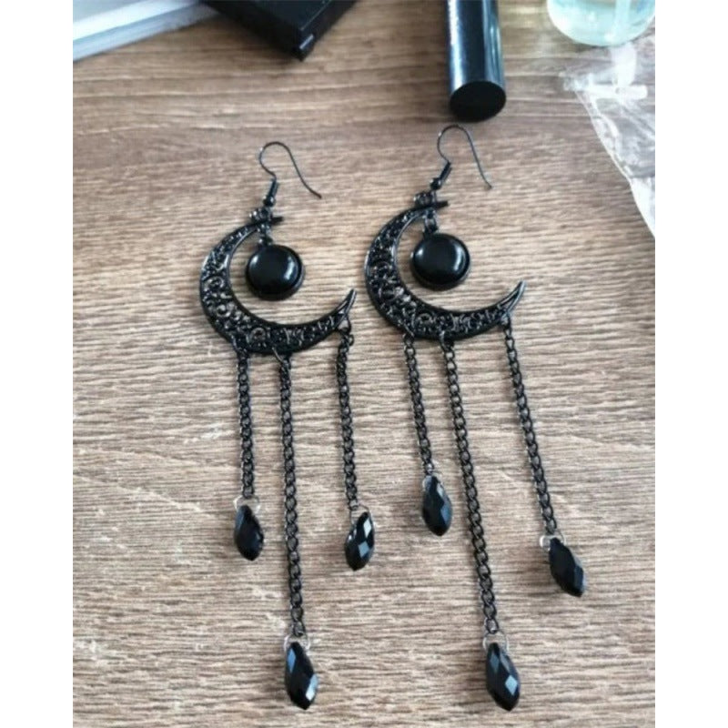 Gothic Halloween Black Moon Tassel Earrings
