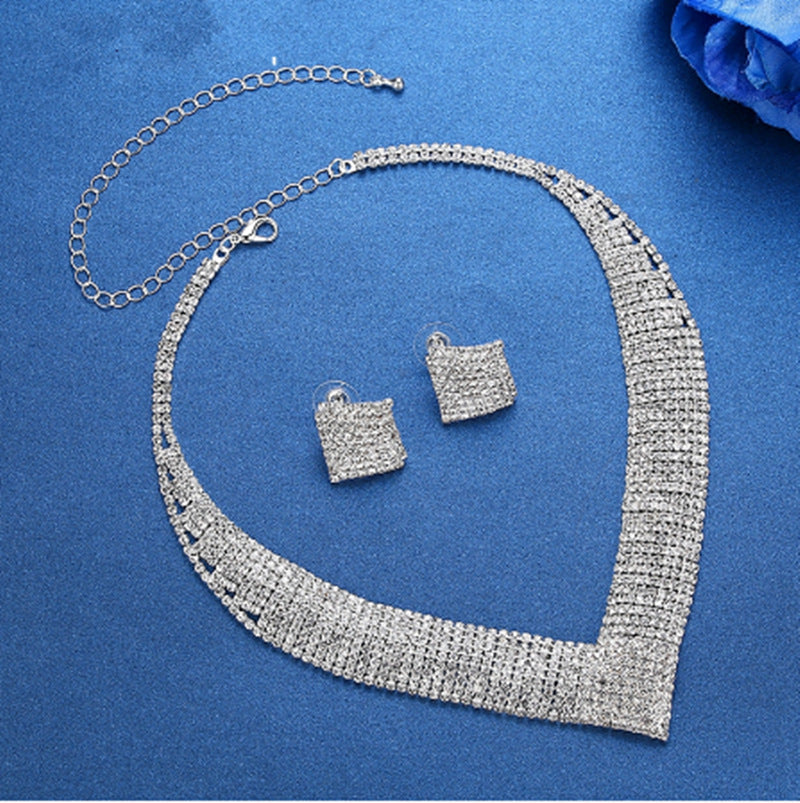 Women Fashion Elegant Rhinestone Earrings Necklace Set