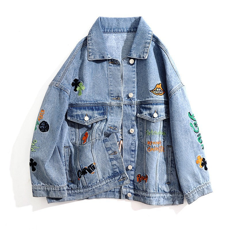 Chaqueta vaquera bordada con letras creativas a la moda para mujer