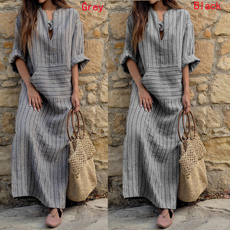 Vestido largo informal de lino y algodón de moda de verano para mujer