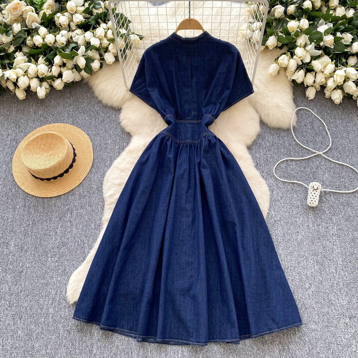 Women Fashion Casual Pleated Deep V-Neck Denim Dress