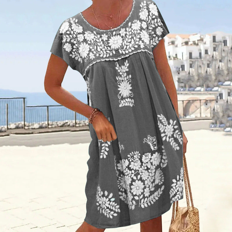 Women Casual Boho Short Sleeve Floral Print Round Neck Loose Dress