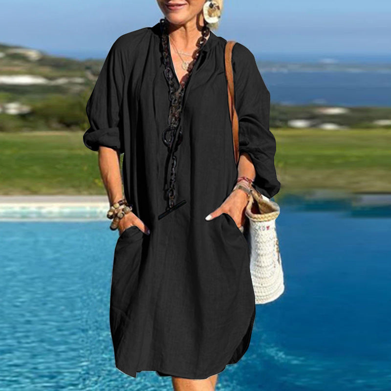 Robe décontractée en lin à manches longues et col en V pour femme, couleur unie