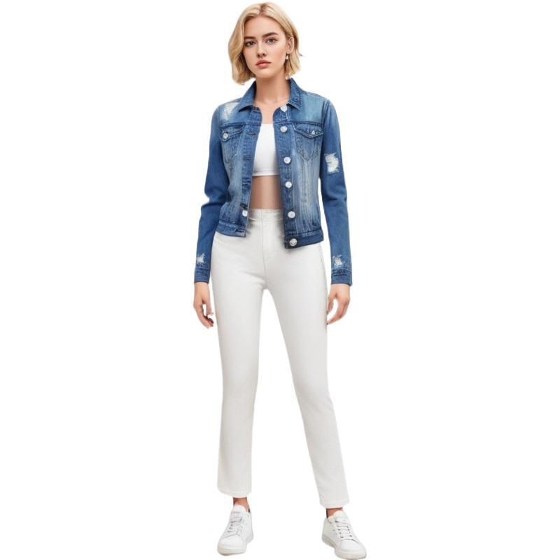 Chaqueta vaquera informal de manga larga con solapas rasgadas para mujer