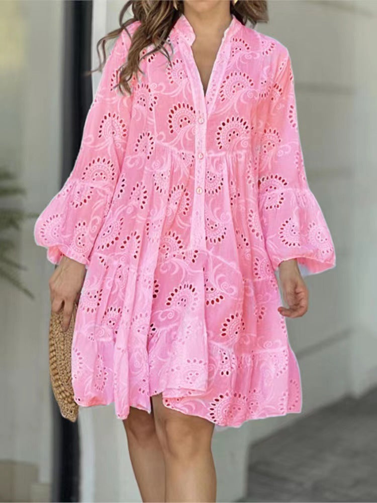 Women Fashion Elegant Solid Color V-Neck Cotton Dress