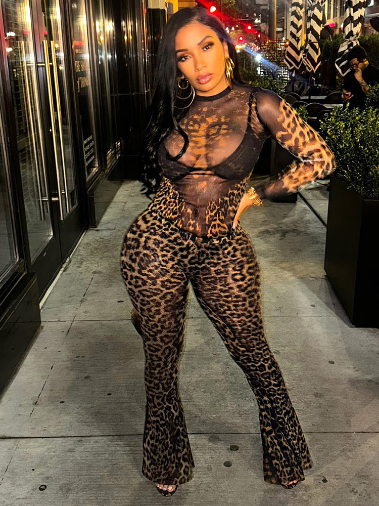 Conjunto de dos piezas con estampado de leopardo sexy para mujer