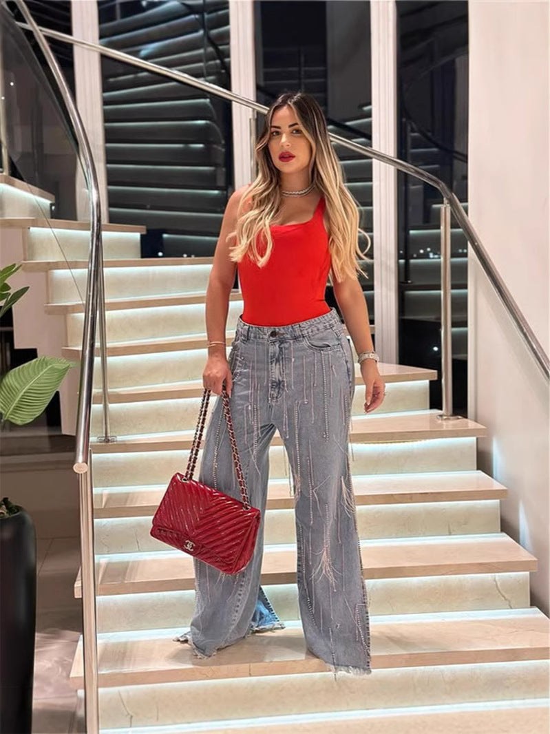 Women Fashion Feather Tassel Split Jeans